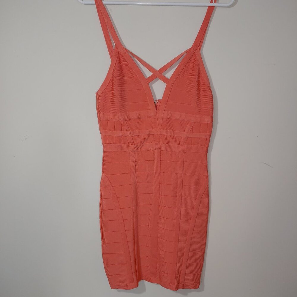 Bebe Knit Bodycon Cris- Cross Front Stripes Mini Dress Size M Orange